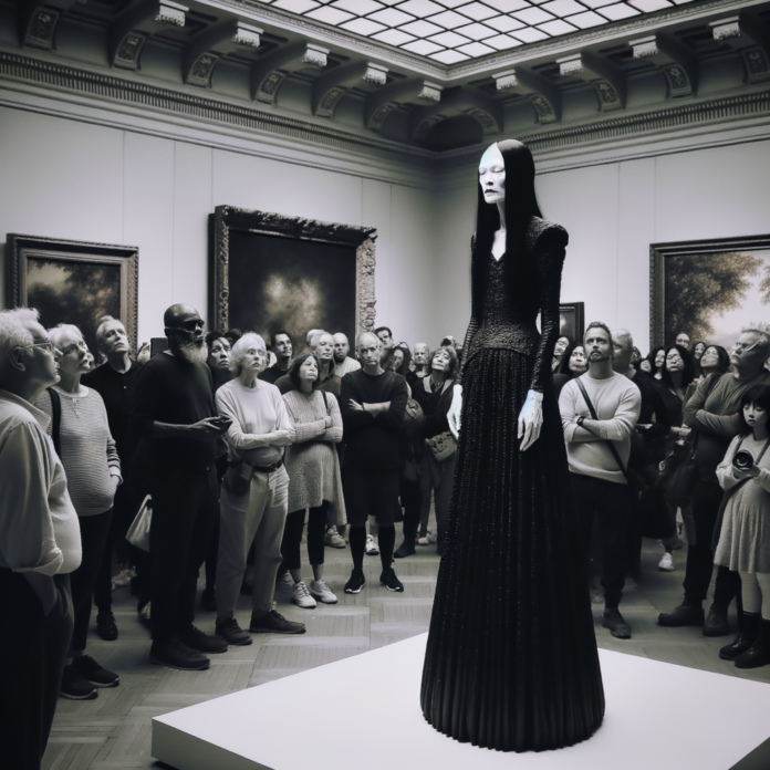 un artista donna tipo Marina in un museo durante una performance artistica immobile in uan sala museale con al gente che la guarda, lei vestita di nero, la pelle bianca e capelli neri